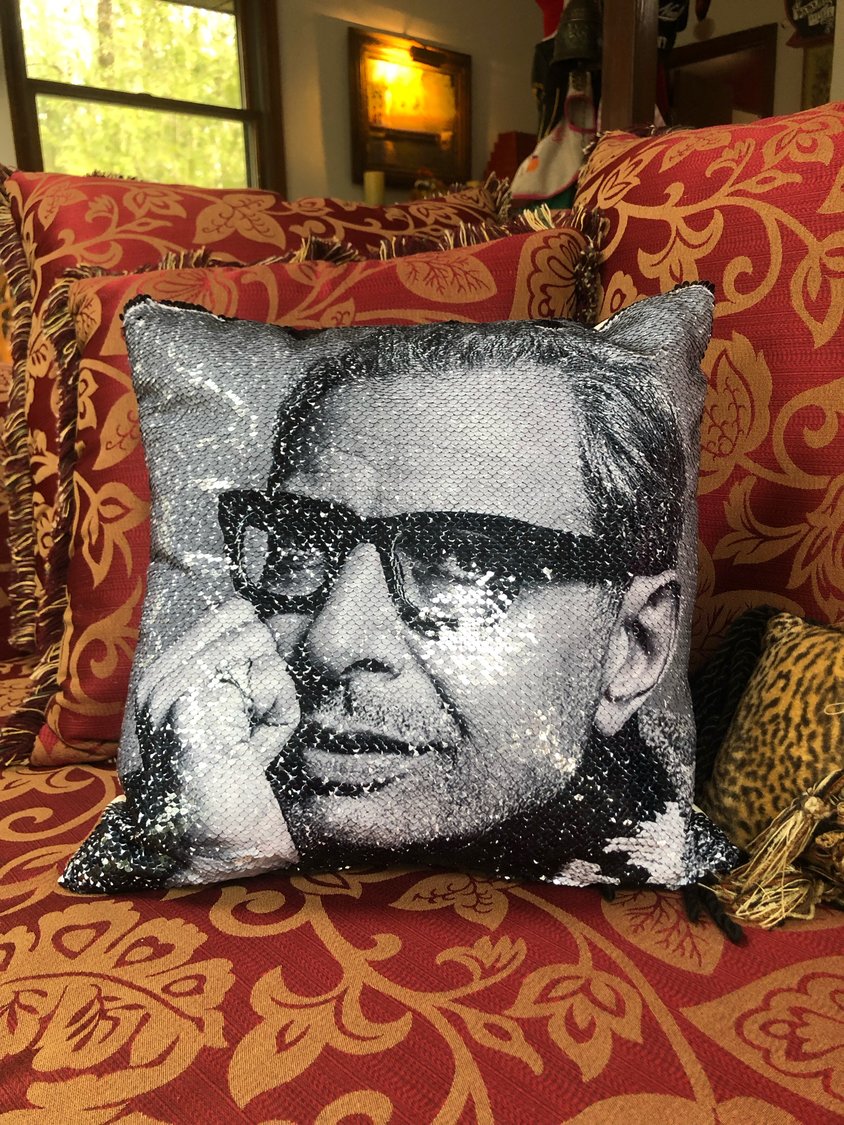 Actually, it’s Laura who’s to blame for starting it all, when she gave me a black-and-white sequined Jeff Goldblum throw pillow (uh-huh) a few years ago.
